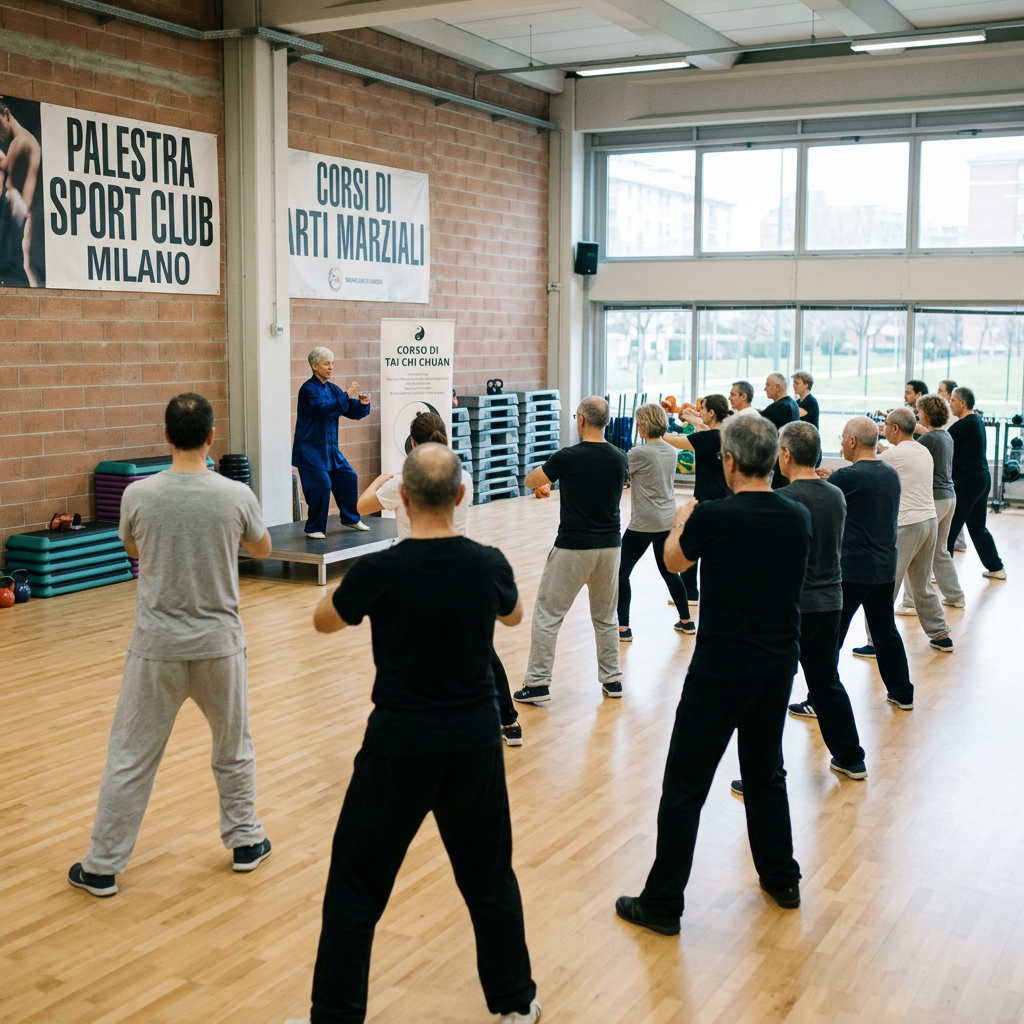 Instructor leading a group tai chi class in a sports club studio