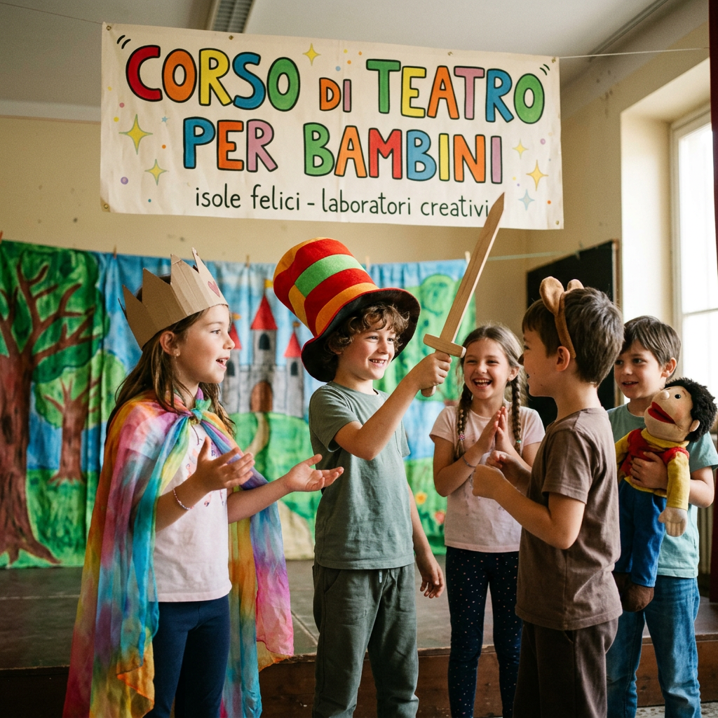 Children in costumes performing under “CORSO DI TEATRO PER BAMBINI; isole felici - laboratori creativi”